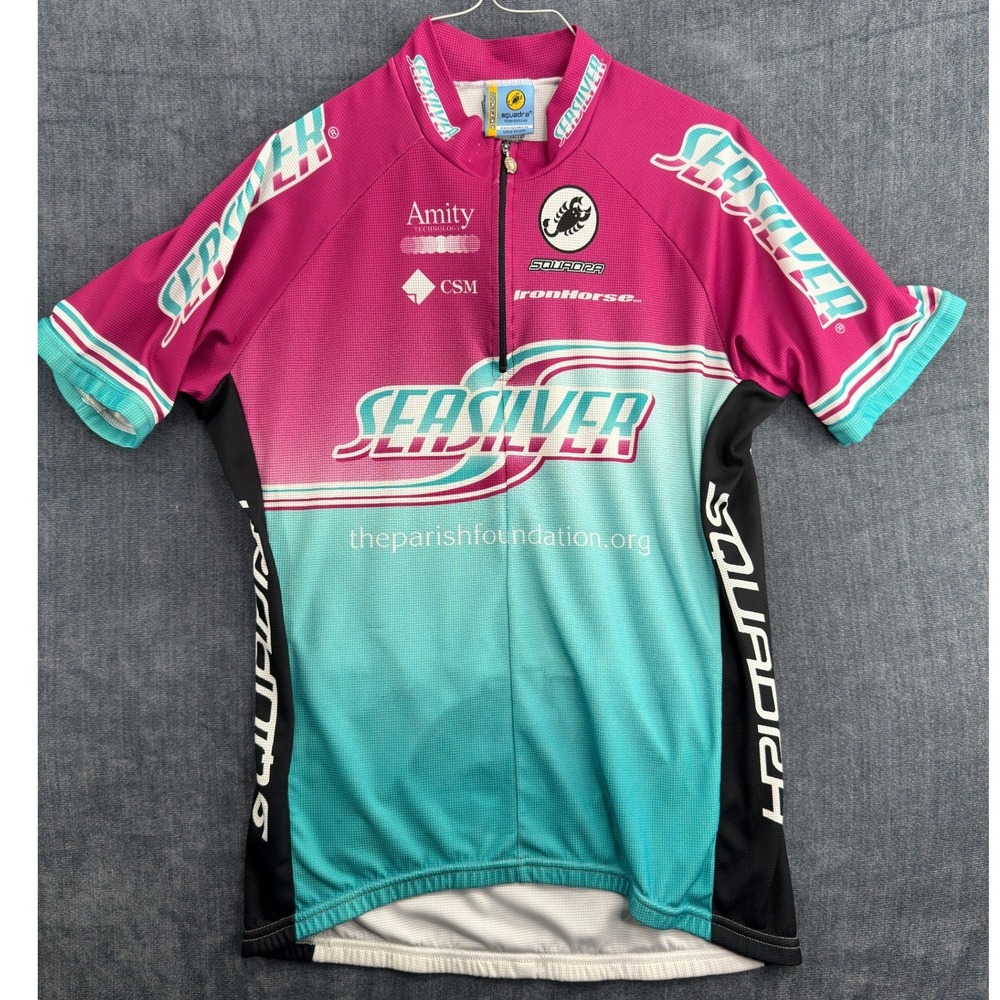 Squadra Cycling Jersey Womens XL Pink Teal Polyester Raglan Seasilver USA Made